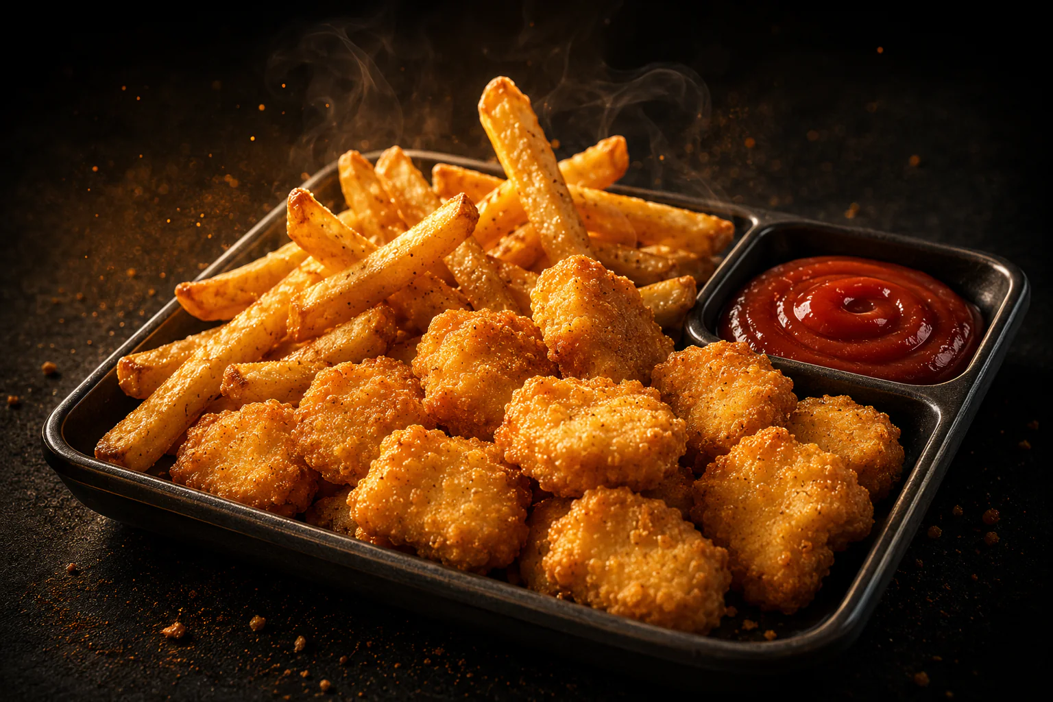Stilisierte Chicken Nuggets mit Pommes und Ketchup