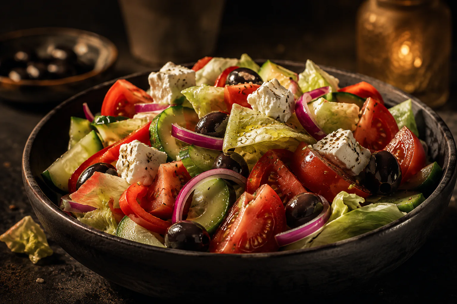Stilisierter Salat mit Tomaten, Gurken, Oliven und Käse